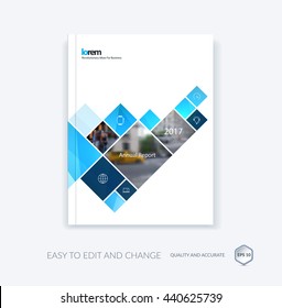 Vector design for cover annual report. Brochure or flyer in A4 with blue squares and arrow for business and communication in flat style with mosaic connection concept. Abstract modern poster.