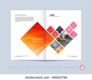 Vector design for cover annual report. Brochure or flyer in A4 with red squares and arrow for business and communication in flat style with mosaic connection concept. Abstract modern poster.