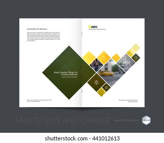 Vector design for cover annual report. Brochure or flyer in A4 with yellow squares and arrow for business and communication in flat style with mosaic connection concept. Abstract modern poster.