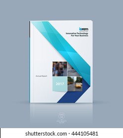 Vector design for cover annual report. Brochure or flyer template in A4 with blue ribbon stripe shape in polygonal style for technology concept layout for business. Abstract modern poster.