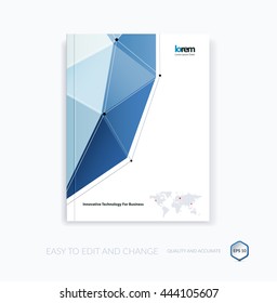 Vector design for cover annual report. Brochure or flyer template in A4 with blue triangular geometric shape in polygonal style with technology connection concept. Abstract business modern poster.