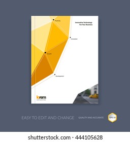 Vector design for cover annual report. Brochure or flyer template in A4 with orange triangular geometric shape in polygonal style with technology connection concept. Abstract business modern poster.