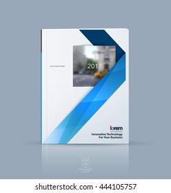 Vector design for cover annual report. Brochure or flyer template in A4 with blue ribbon stripe shape in polygonal style for technology concept layout for business. Abstract modern poster.