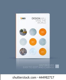 Vector design for cover annual report. Brochure or flyer template in A4 with orange rounds circles for business technology leaflet layout with polygonal effect. Abstract modern poster.