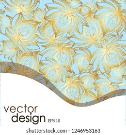 vector design cover, poster, banner, label, postcard, etc. with a gold floral seamless pattern of hand-drawing, on a turquoise background, eps10