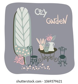Vector design with cozy garden. Can be used for stickers, posts, postcards.