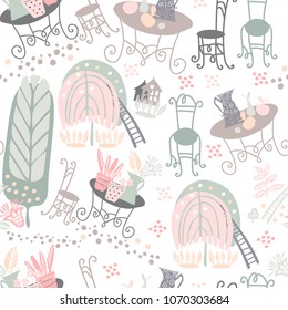 Vector design with cozy garden. Can be used for wallpaper, postcards.