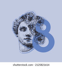 Vector design for creative purposes. Antique, ancient plaster sculpture with peonies. March 8, women's day.