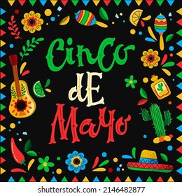 Vector design of creative vibrant greeting card for Cinco de Mayo holiday with traditional Mexican symbols