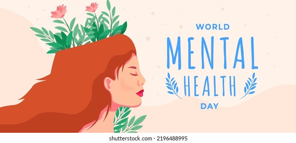 diseño vectorial creativo mundo salud mental ilustración de banner con cabezas femeninas florales dentro