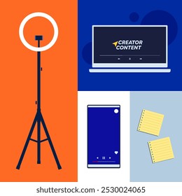 Vector design of creator tools for creating social media content. There are ring light, laptop, smartphone and note elements. Background with a checkered layout