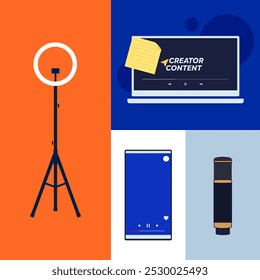 Vector design of creator tools for creating social media content. There are ring light, laptop, smartphone, note and microphone elements. Background with checkered layout