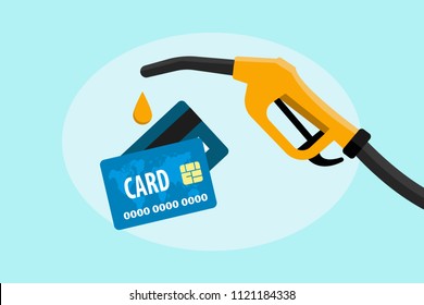 Vector design of credit cards and fueling nozzle showing concept of rising prices for petroleum gasoil isolated on light blue turquoise backdrop, background. Eps illustration.