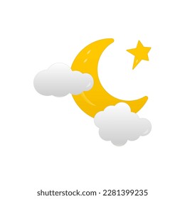 Diseño vectorial de luna creciente, estrellas y nubes sobre fondo blanco.