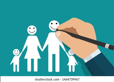 Vector design of crop hand with pencil drawing face on little people of family on blue background