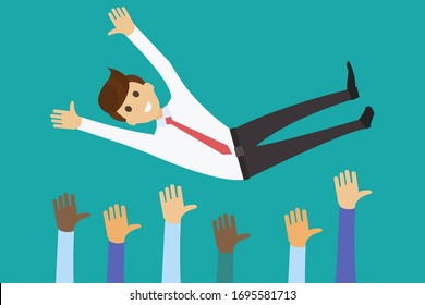 Vector design of crop hands of colleagues tossing up cheerful and successful business coworker on green background 