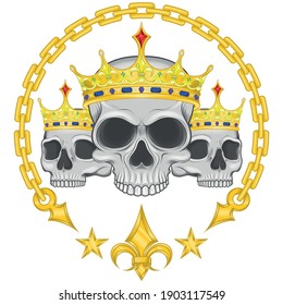 Diseño vectorial de calaveras coronadas, con cadenas y pulga dorada de lis, para camisetas