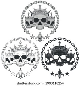 Vector design of crowned skulls, with chains and fleur de lis, all on white background