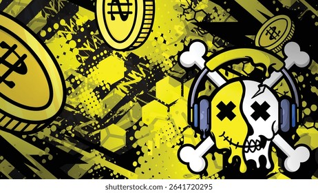 Vector design of crypto skull with headphones, yellow black hexagon background. Modern urban style, suitable for posters and merchandise, eps 10 editable.