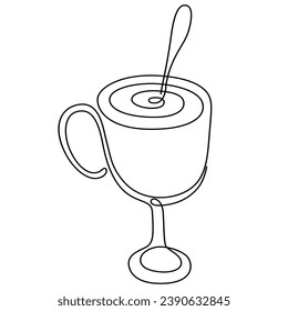 Vector design of a cup on a high stem with a drink and a spoon with one line. Banners with cards and print on a white isolated background.