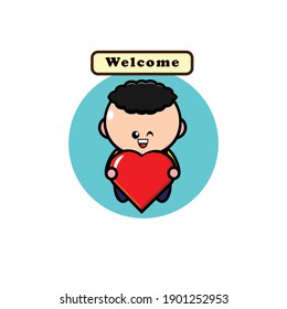 Vector design of curly haired boy saying welcome
