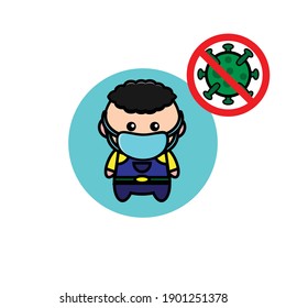 Vector design of curly haired child wearing a mask prevents the corona virus