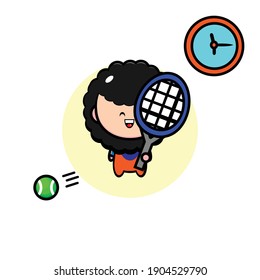 Diseño vectorial de una persona de cabello rizado jugando al tenis