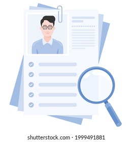 Vector design of curriculum vitae with photo of boy, resume for job search with magnifying glass