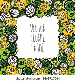 Vector design. Customised color frame with doodle flowers.  For covers, printing on fabric, cards, invitations.
