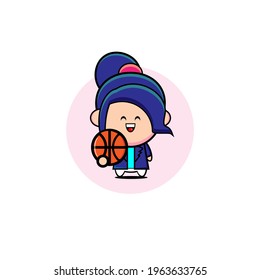 Vector design of cute blue girl playing basketball