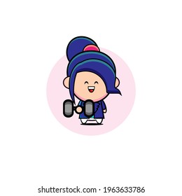 Vector design of cute blue girl lifting a barbell