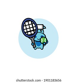 Vector design of cute blue hippo playing tennis