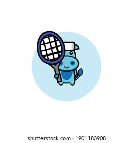 Vector design of cute blue hippo playing tennis ball bat