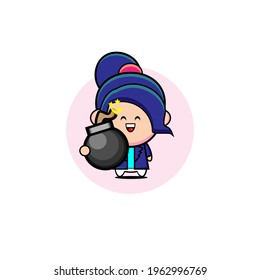 Vector design of cute blue lady about to carry a bomb