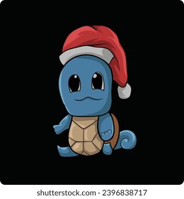 vector design of a cute blue turtle character wearing a Santa Claus hat