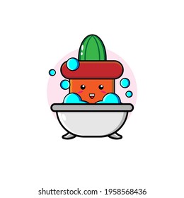 Vector design of cute cactus pot taking a shower