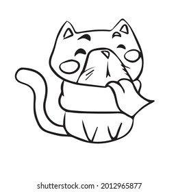 Vector design of a cute cat in a scarf on a white isolated background for postcard banners.Coloring , contour