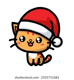 vector design of cute cat wearing a santa hat, adorable yellow, cute sticker in snow season, merry christmas.