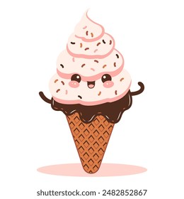Vector Design of Cute Chocolate Cone Ice Cream Cartoon Character with Happy Expression