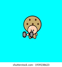 Vector design of cute cookie mascot character lifting a barbell