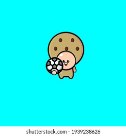 Vektordesign eines süßen Cookie-Maskottchens, das einen Ball trägt