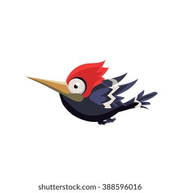 Vector Design Cute Crazy Woodpecker Mid-air On White Background