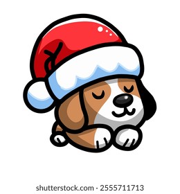 vector design of cute dog wearing santa hat, looks very adorable sleeping, cute sticker in snow season, merry christmas.