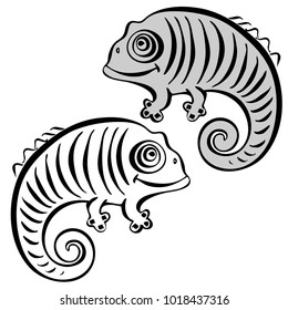 Vector design with a a cute and friendly chameleon 
In black and white style.
Can be used for printing on paper, stickers, badges, bijouterie, tattoo.