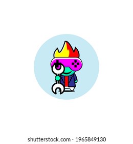 Vector design of cute gamer boy in blue wearing a mechanical device