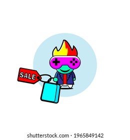 Vector design of cute gamer kid in blue wearing groceries