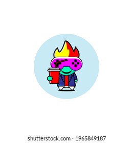 Vector design of cute gamer kid in blue dress drinking juice