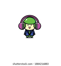 Vector design of cute green businessman listening to music