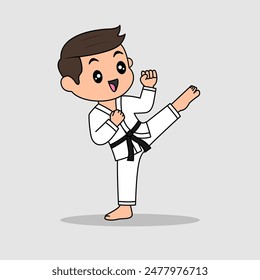 Vector design of cute little kid training and showing karate pose