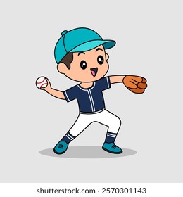 Vector design of cute little kid training and playing baseball.